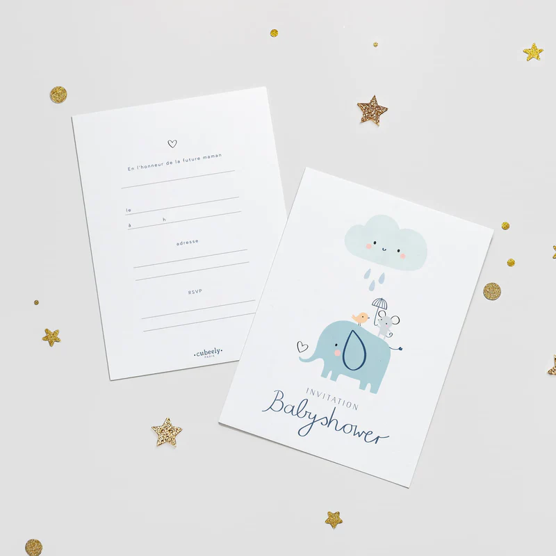 Cubeely – Lot de 8 cartes invitations Babyshower Eléphant