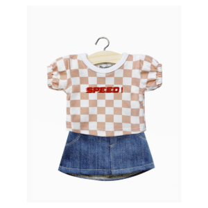 Minikane – Ensemble t-shirt “SPEED!” en damier rose et blanc et jupe en jean